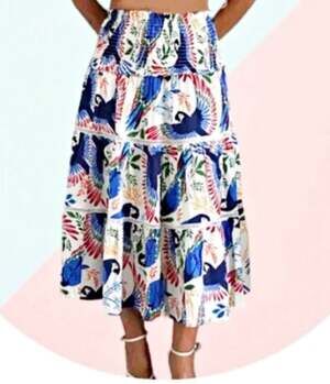 House of Harlow 1960 Parrot Print Tiered Midi full Skirt Size XS Ruffle